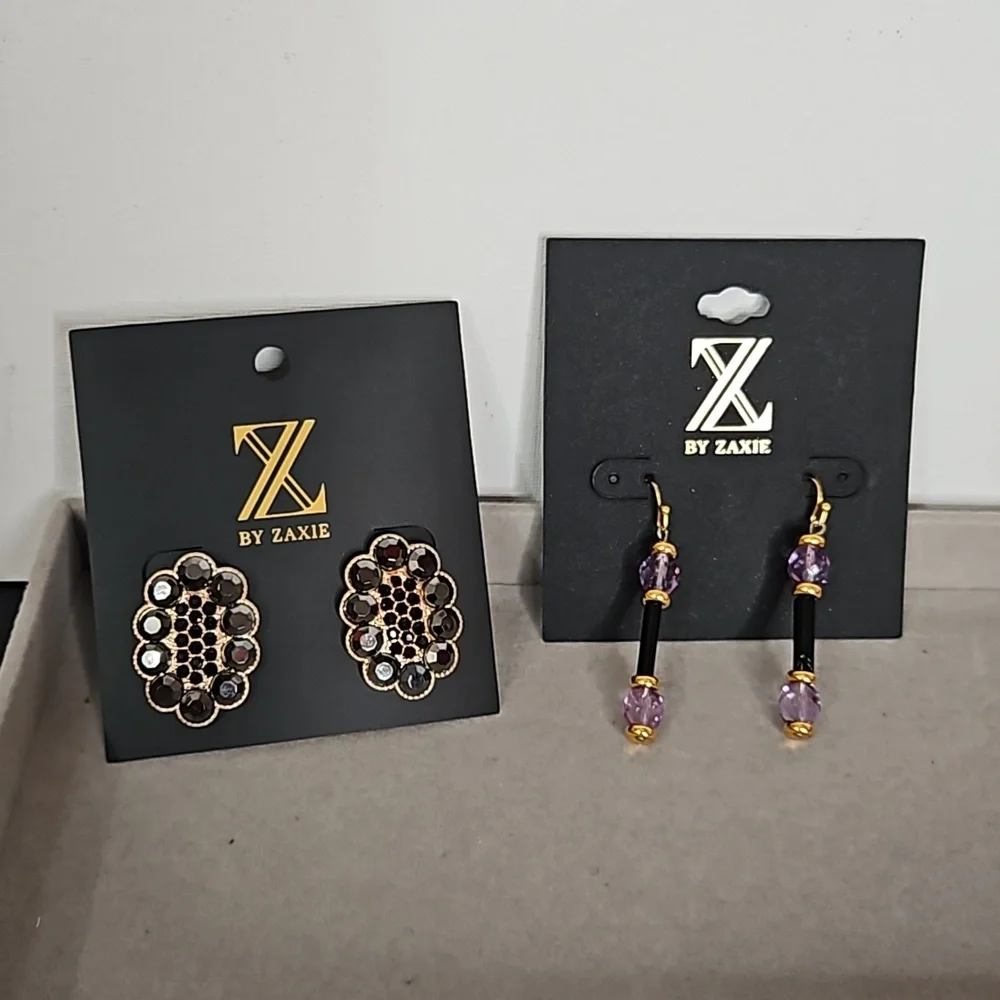 Zaxie Women's Fashion Jewelry Lot of 2 Pairs of Pierced Earrings Black Purple